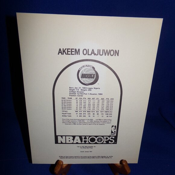 Vintage OFFICIAL NBA HOOPS BASKETBALL PRINT AKEEM OLAJUWON HOUSTON ROCKETS 1991 - Picture 2 of 4